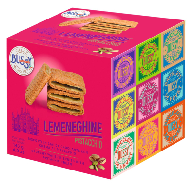 Le Meneghine Pistacchio Waffelgebäck mit Pistaziencreme von Bussy in der bunten Verpackung von Il Gusto di Mario